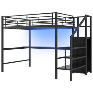 Full Size Loft Bed With Desk, Storage Staircase, Small Wardrobe And LED Light - Black