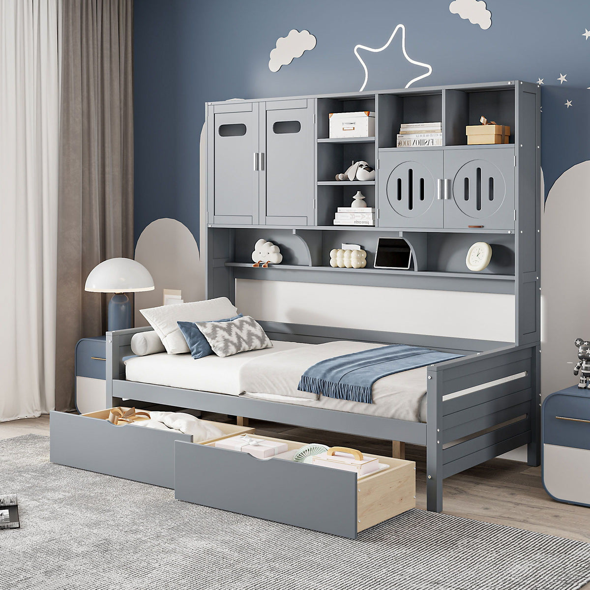 Daybed With All-In-One Cabinet And Shelf