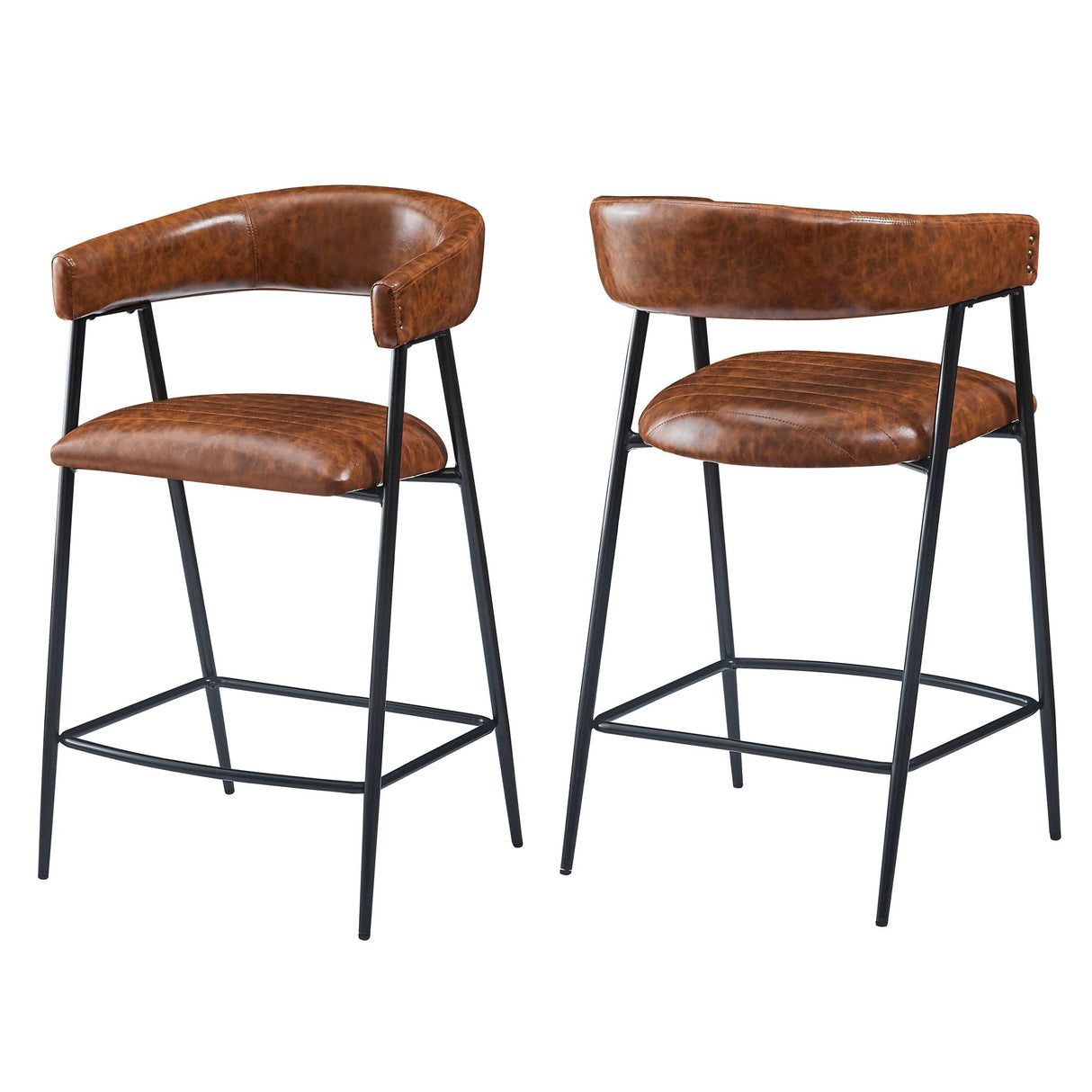 Counter Stools (Set of 2), Upholstered with Iron Frame in Brown
