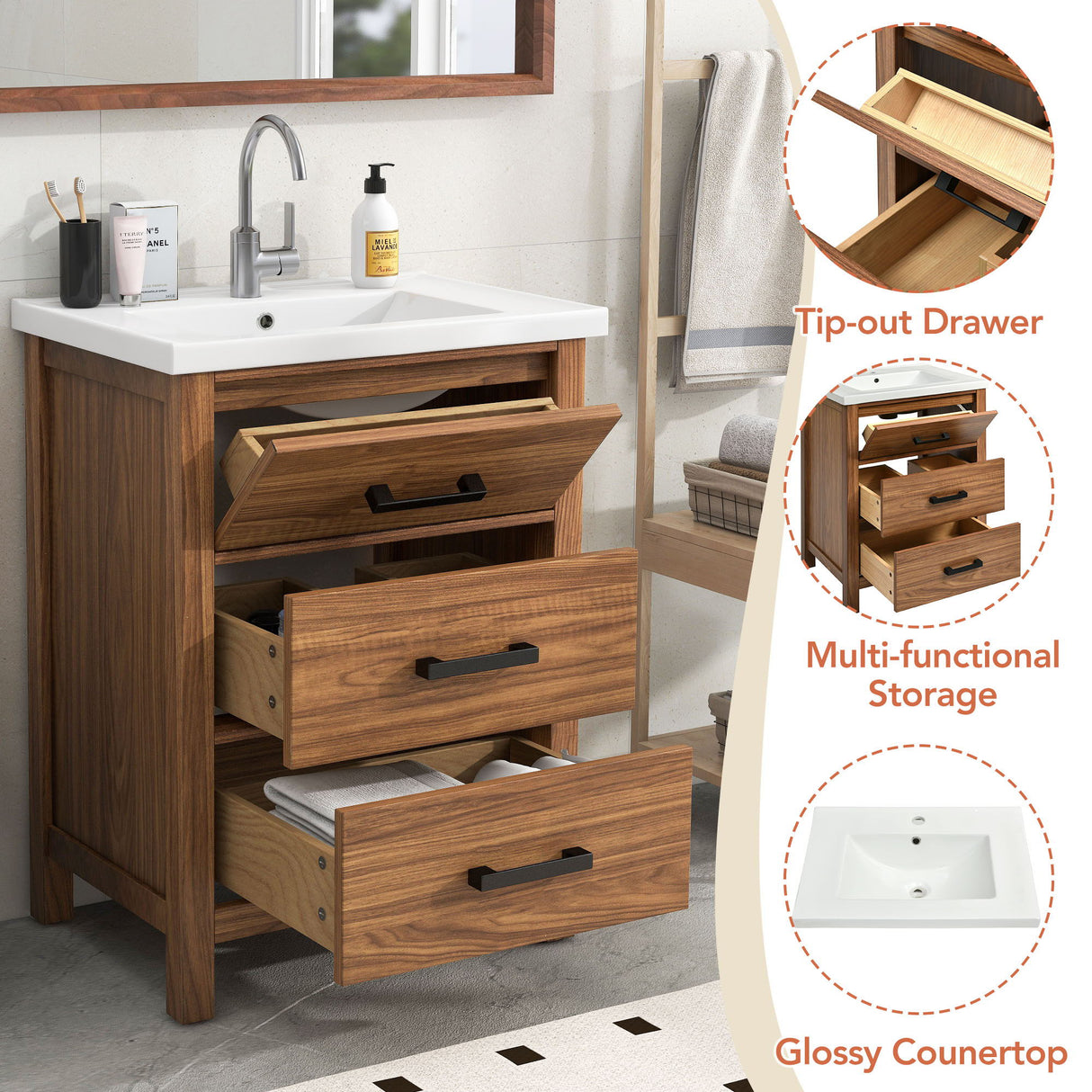 24'' Bathroom Vanity With Basin Sink, 3 Drawer Storage Cabinet - Natural Wood