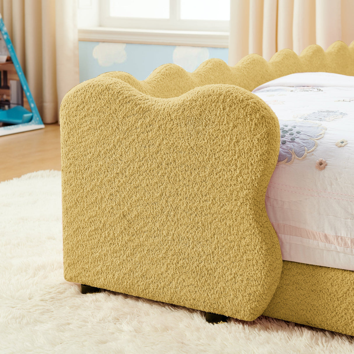Twin Size Cute Dinosaur-Shaped Kids Bed with Safety Guardraild, Solid Wood Toddler Bed Frame for Children for Bedroom, Boucle Fabric
