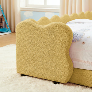Twin Size Cute Dinosaur-Shaped Kids Bed with Safety Guardraild, Solid Wood Toddler Bed Frame for Children for Bedroom, Boucle Fabric