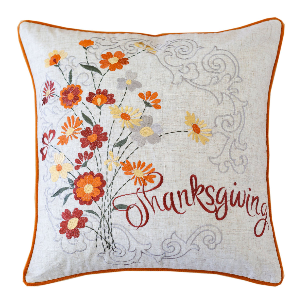 Thanksgiving Embroidered Floral Throw Pillow – Autumn Harvest Accent Cushion Set of 2