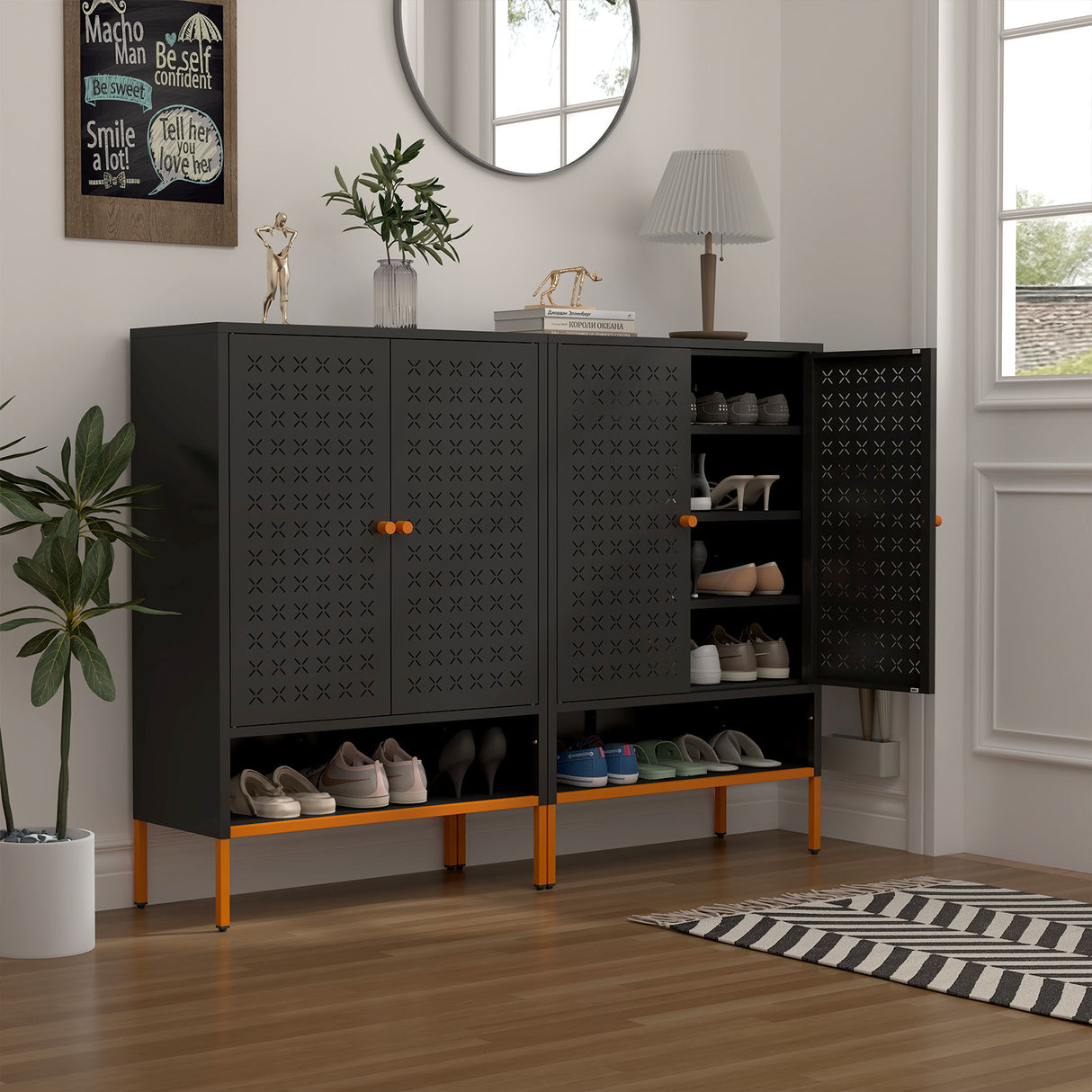 Grid Double Door Shoe Cabinet With Adjustable Compartments And Moisture-Proof Design In Metal