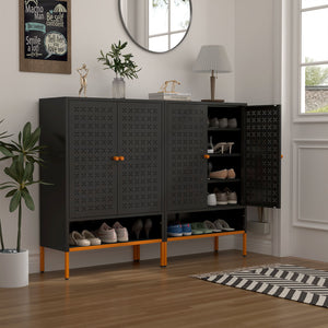 Grid Double Door Shoe Cabinet With Adjustable Compartments And Moisture-Proof Design In Metal