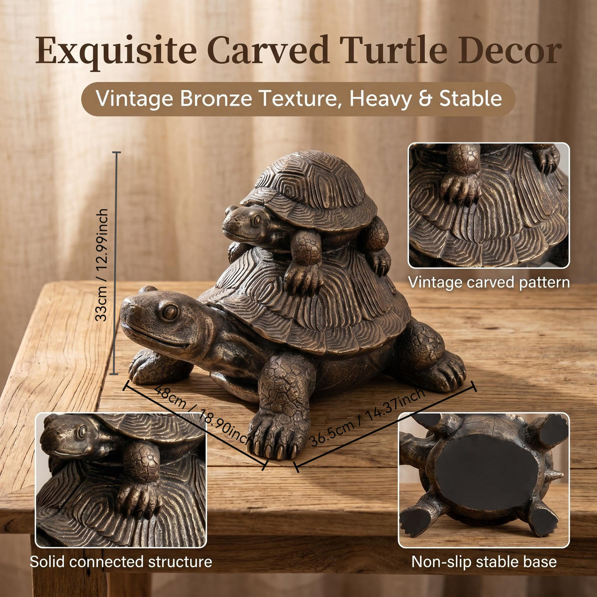 19'' Vintage Bronze Stacked Turtle Statue