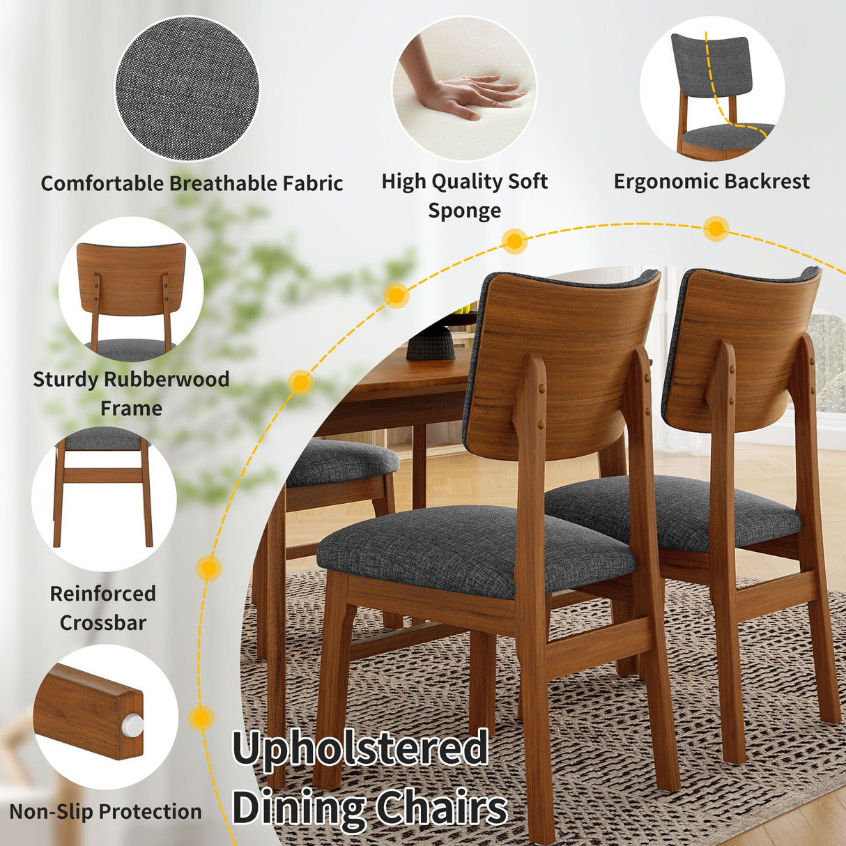 Mid Century Modern Dining Table Set For 4, Solid Wood Dining Table And Solid Wood Chairs, 5 Pieces Farmhouse Dining Table And 4 Upholstered Chairs - Brown / Gray