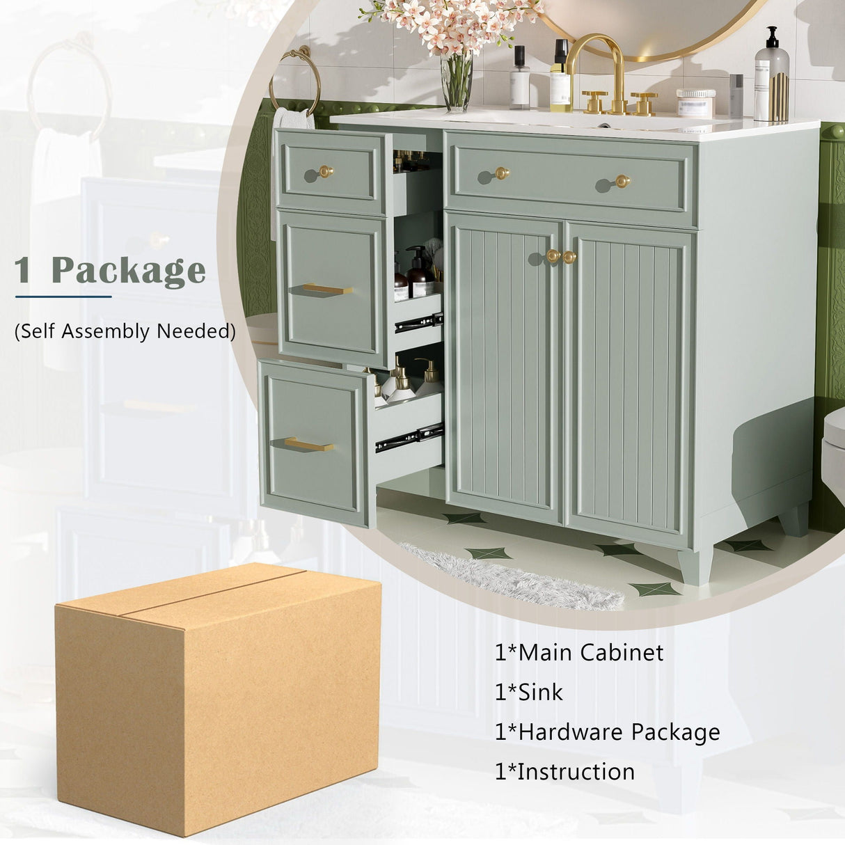 Bathroom Vanity With Sink, Soft Close Doors, Adjustable Shelves