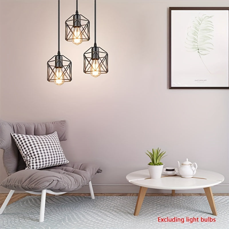 Industrial Farmhouse Pendant Light – Adjustable Metal Cage Fixture for Kitchen