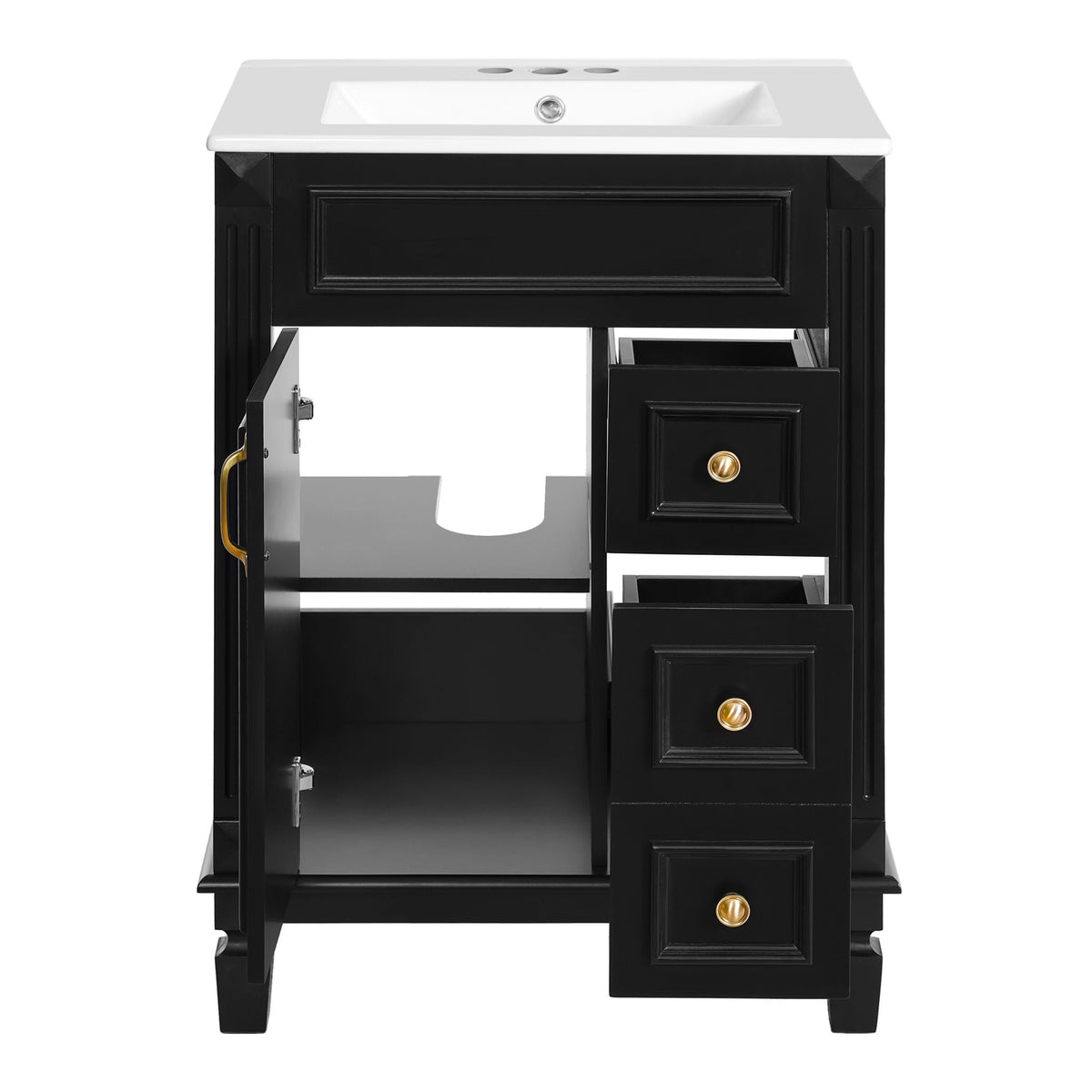 Compact Bathroom Vanity with Ceramic Sink and Storage Drawers - White, Green, Black