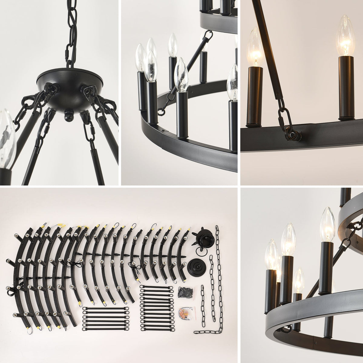 3 Tiers Wagon Wheel Chandelier - 54-Light Matte Black Metal