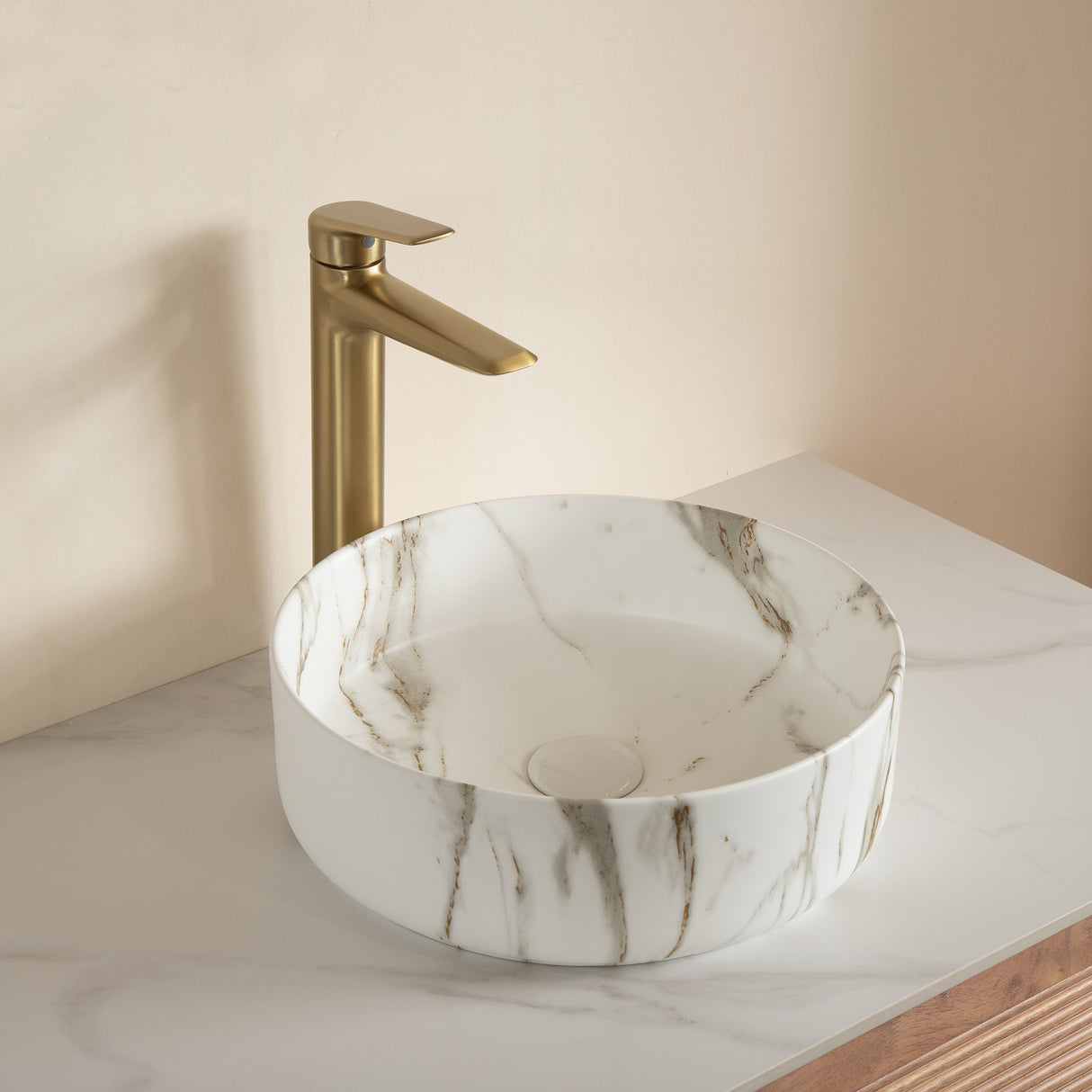 14'' Bathroom Sink, Round Vessel Ceramic Sink with Stone Pattern