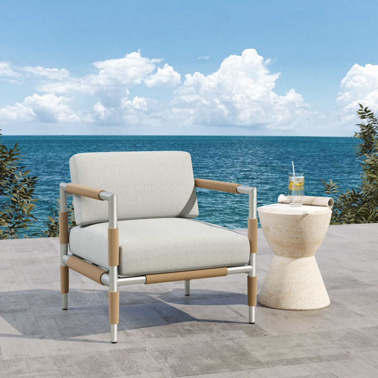 Oriana Aluminum Outdoor Patio Armchair With Thick Cushions - Light Gray