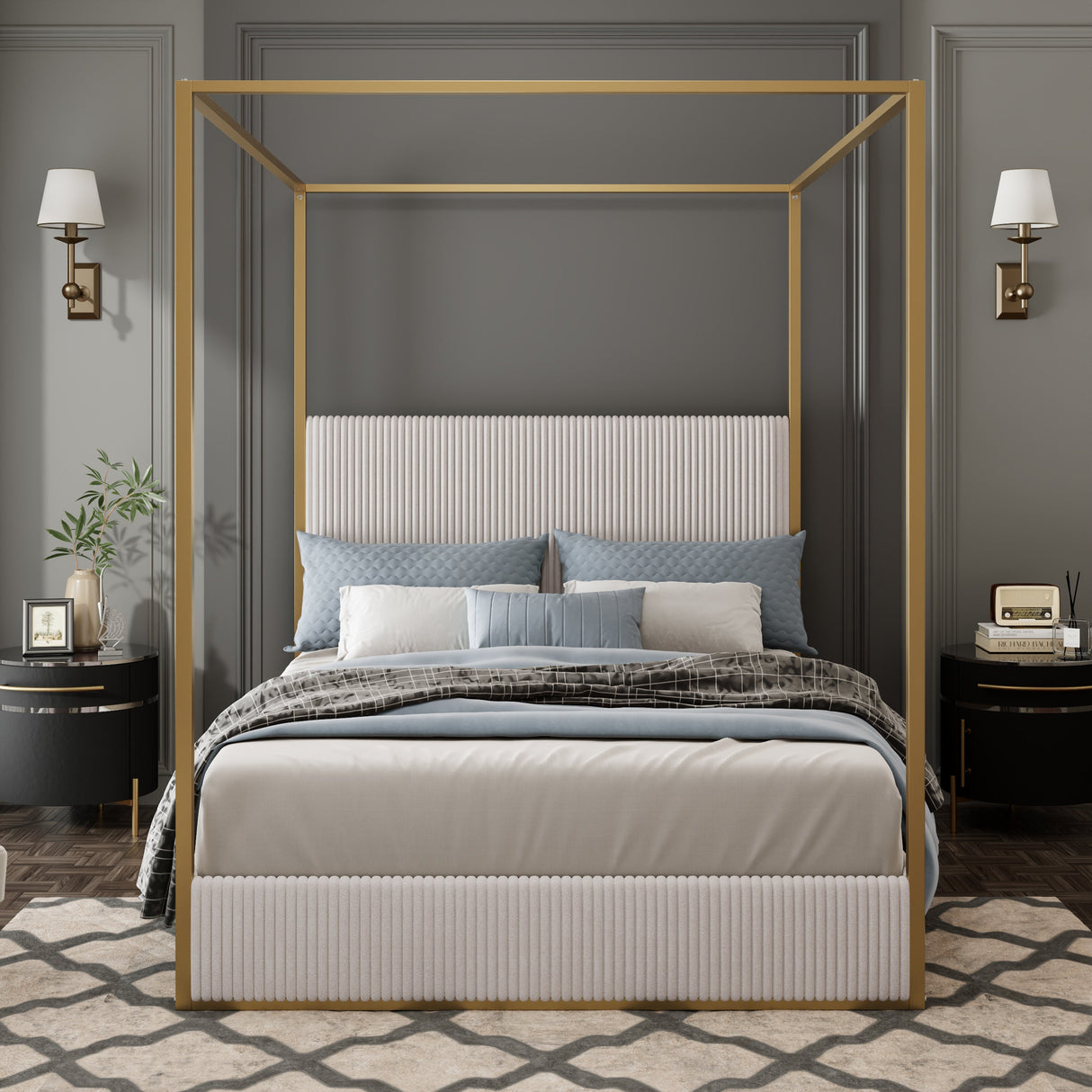 Plush Corduroy Tall Headboard Gold Canopy Bed Frame