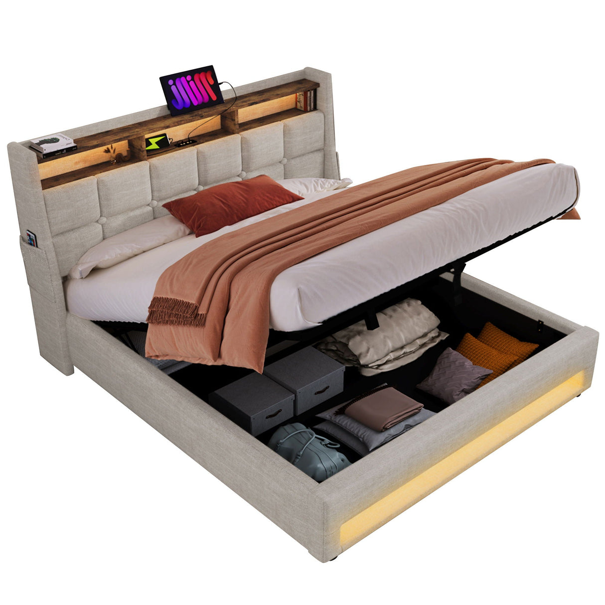 Upholstered Platform Bed With A Hydraulic Storage System, LED And USB Charging (Without Mattress)