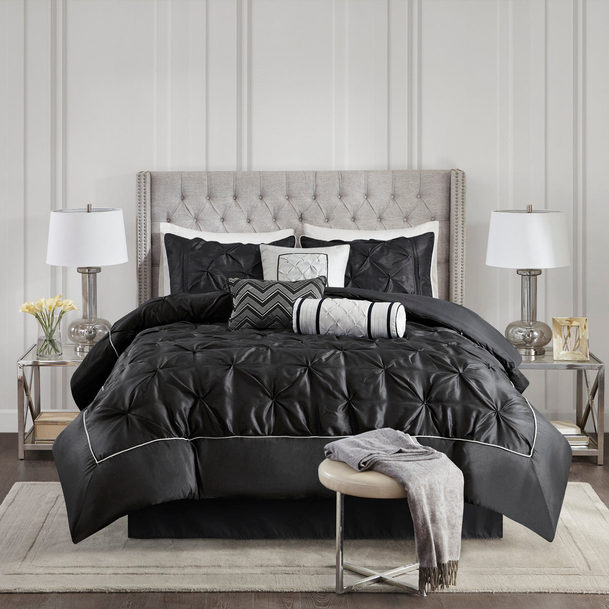 7 Piece Tufted Comforter Set Black California King