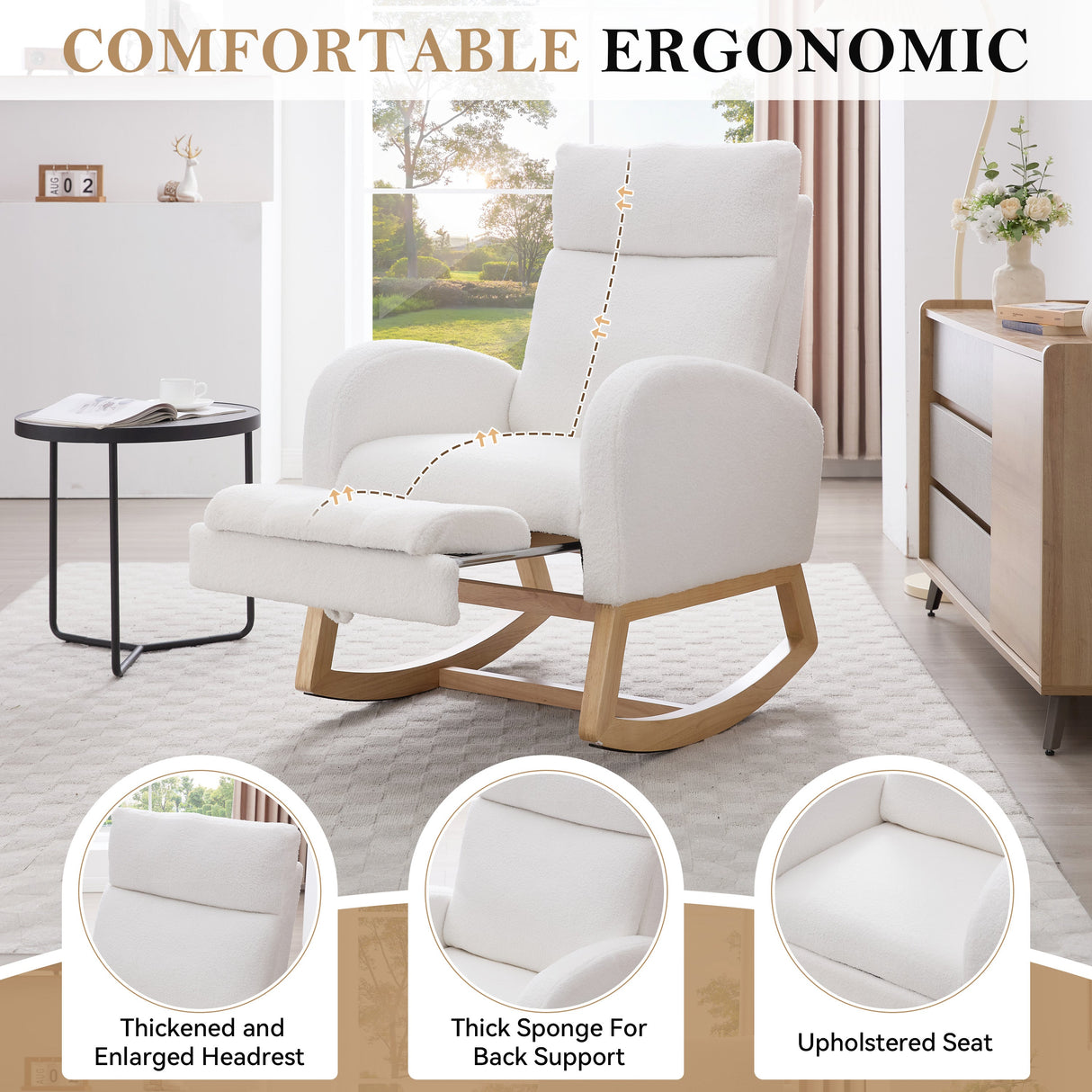 Teddy Fabric Leisure Rocking Chair with Adjustable Footstool