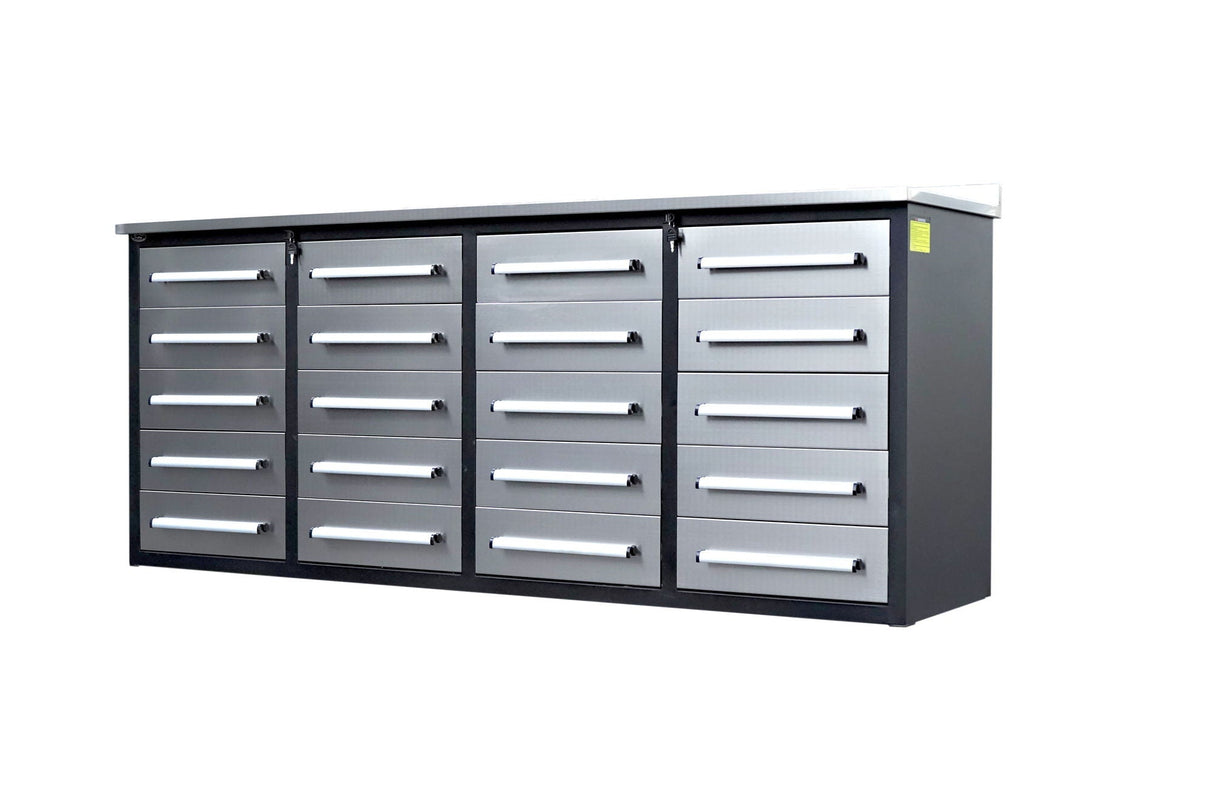 Garage Storage Cabinets With Workbench (With 20 Drawers) - Silver