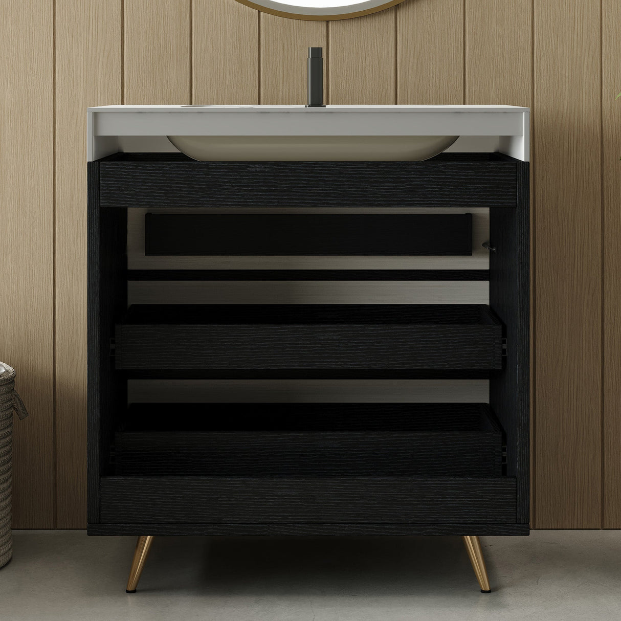 Modern Free-Standing Bathroom Vanity with Ceramic Vessel Sink & Durable Sintered Stone Top