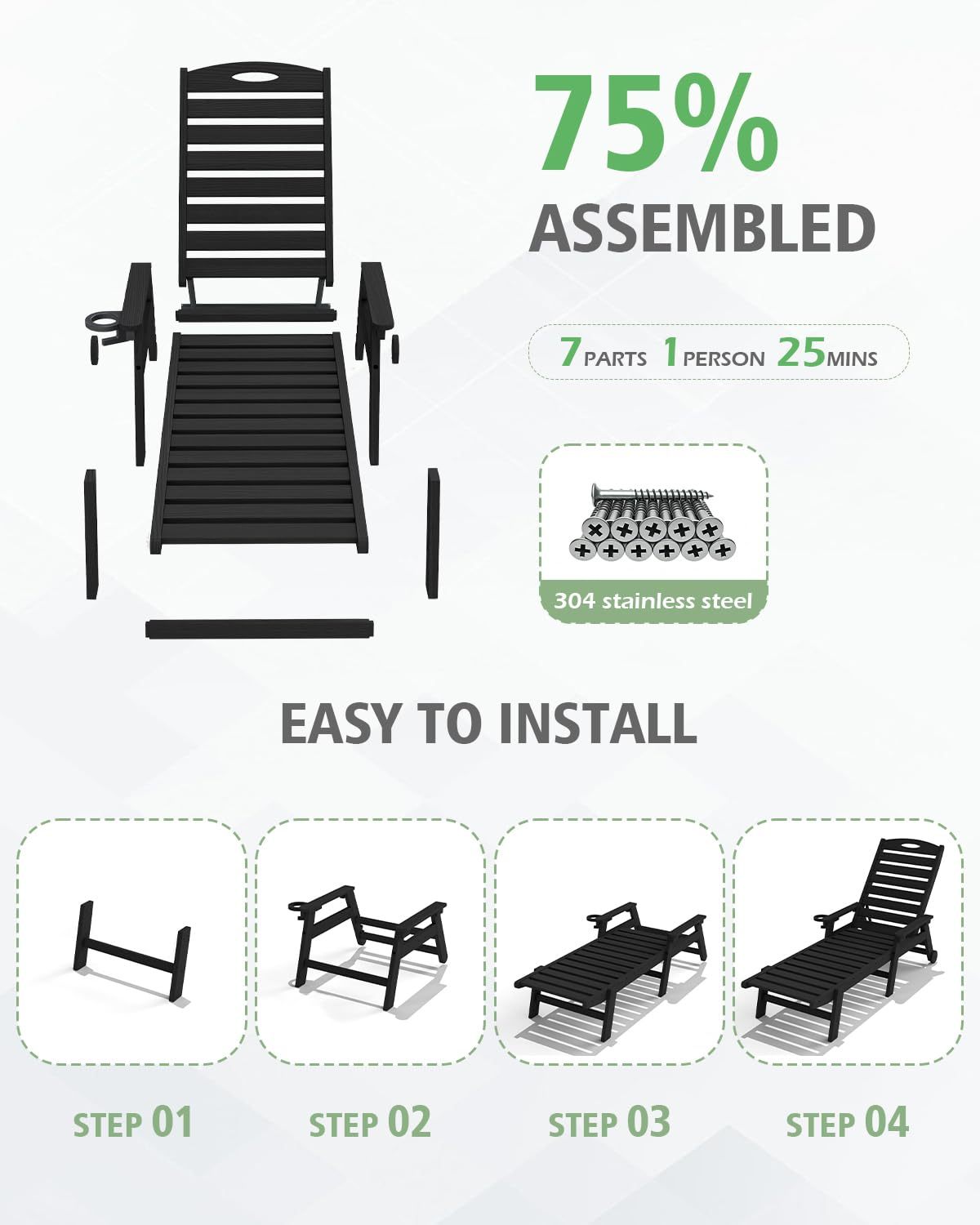 Patio Lounge Chair Outdoor, HDPE Outdoor Chaise Lounge with Reclining Backrest, Pool Lounger Chair for Outside, Poolside, Sunbathing Tanning, Black