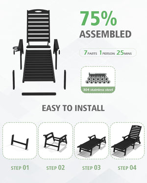 Patio Lounge Chair Outdoor, HDPE Outdoor Chaise Lounge with Reclining Backrest, Pool Lounger Chair for Outside, Poolside, Sunbathing Tanning, Black