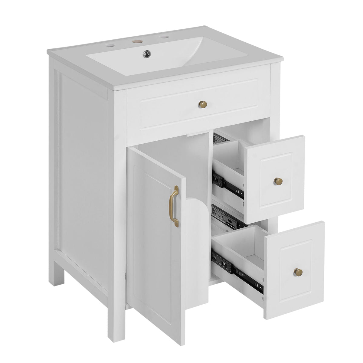 Elegant Bathroom Vanity With Ceramic Sink, Soft Close Doors And Drawers, Double Storage Racks