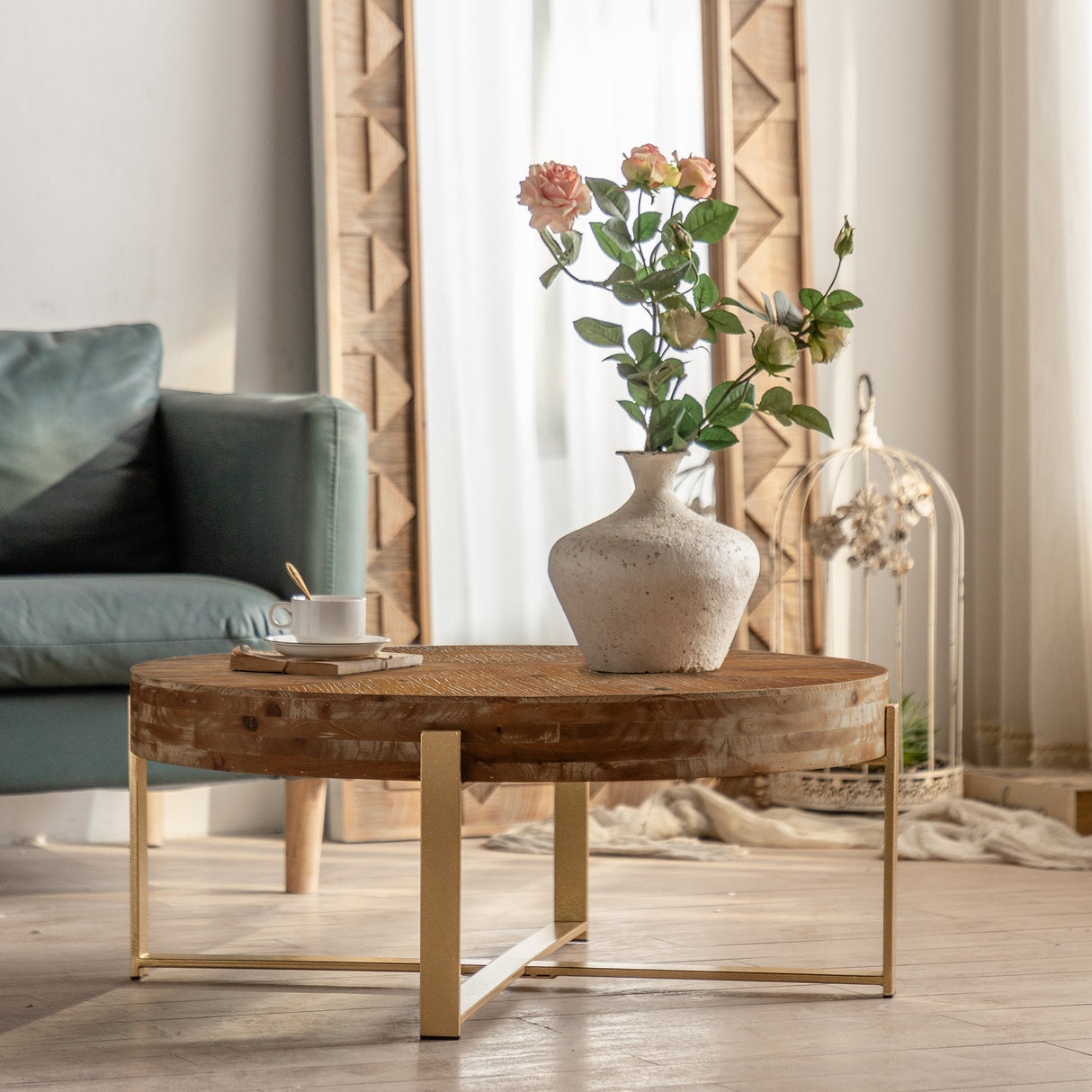 31.29'modern retro splicing round coffee table,fir wood table top with gold cross legs base(same sku:w757102843)