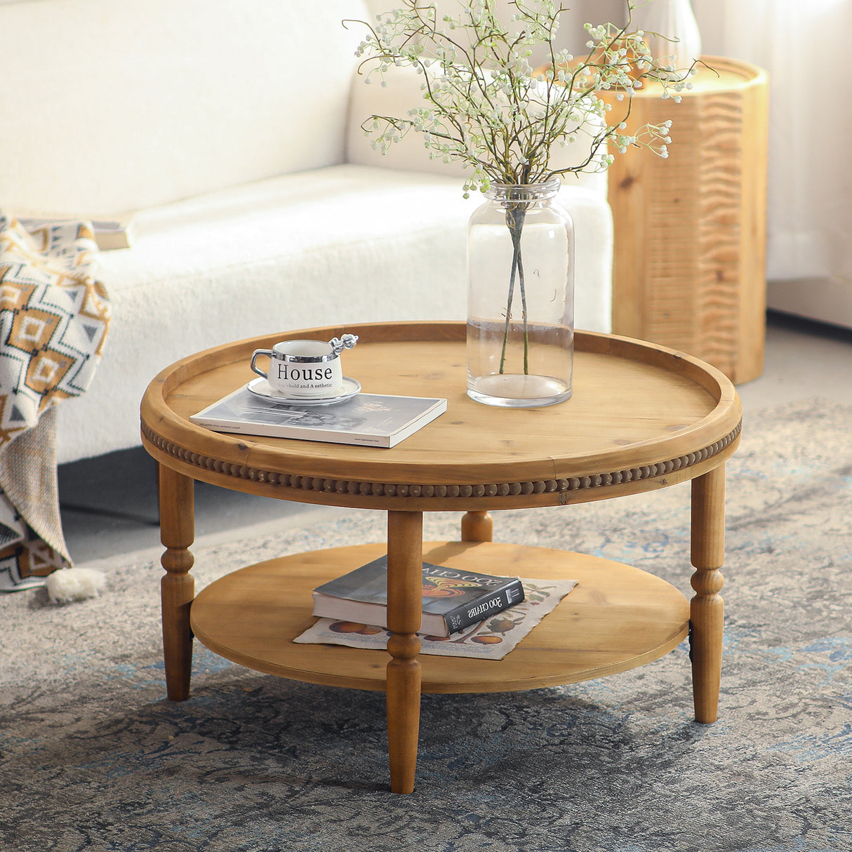 31.3' Round Boho Coffee Table with Storage Shelf – 2-Tier Accent Table with Beaded Trim & Curved Solid Wood Legs, Rustic Cocktail Table for Living Room