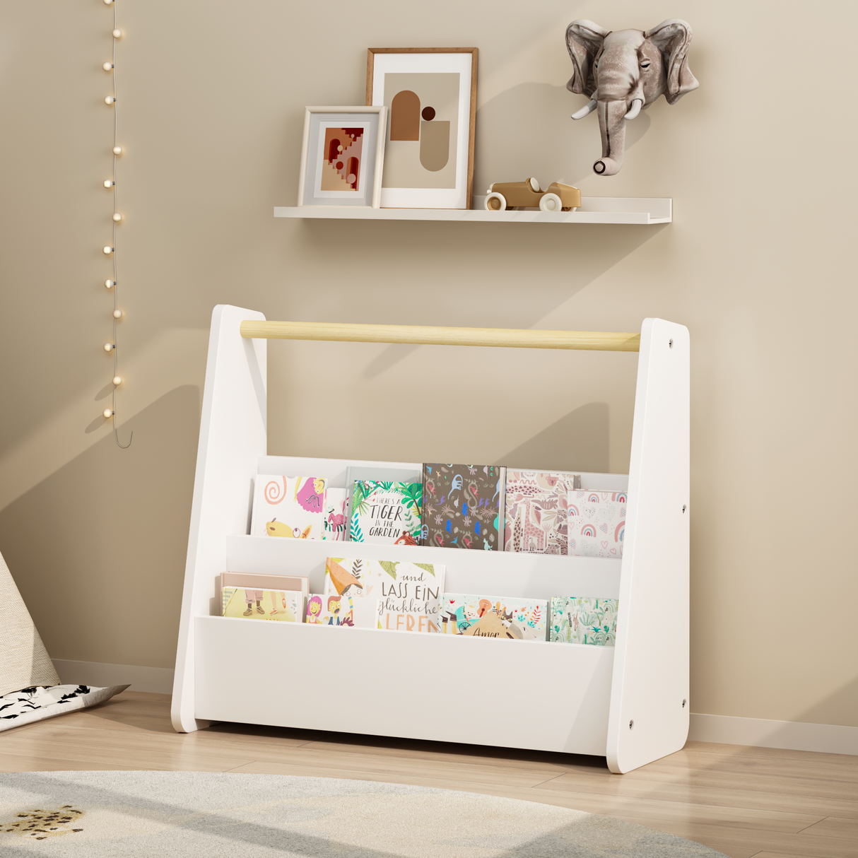 Kids Bookshelf with Wooden Handle - 2-Tier Front-Facing Toddler Bookcase