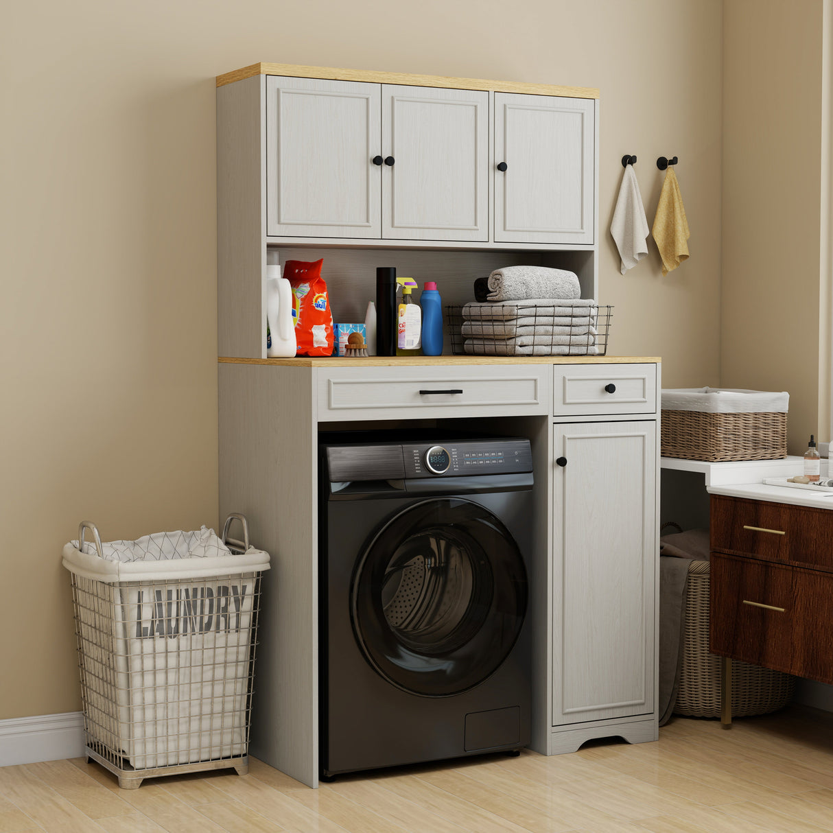 Over The Washer, Dryer And Robot Vacuum Storage Cabinet - Antique