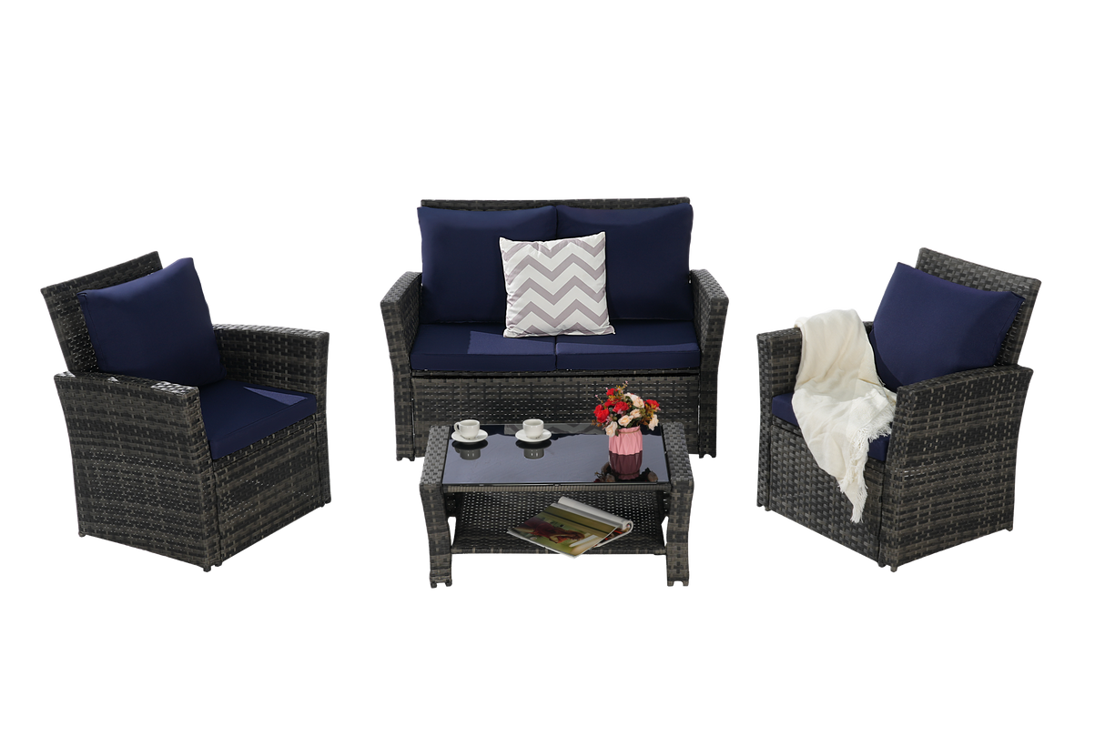 4 Pieces Outdoor Patio Furniture Set with Rattan Chairs and Tempered Glass Table