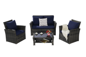 4 Pieces Outdoor Patio Furniture Set with Rattan Chairs and Tempered Glass Table