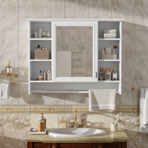 Modern Wall Mounted Mirror Cabinet with Adjustable Shelf and Towel Bar