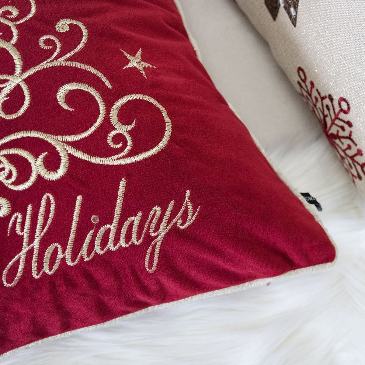 Red Velvet Holiday Pillow with Gold Embroidery - Red