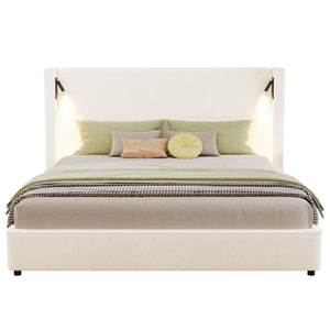 California King Size Upholstered Bed Frame with High Wingback Headboard, Reading Lamp and USB Port