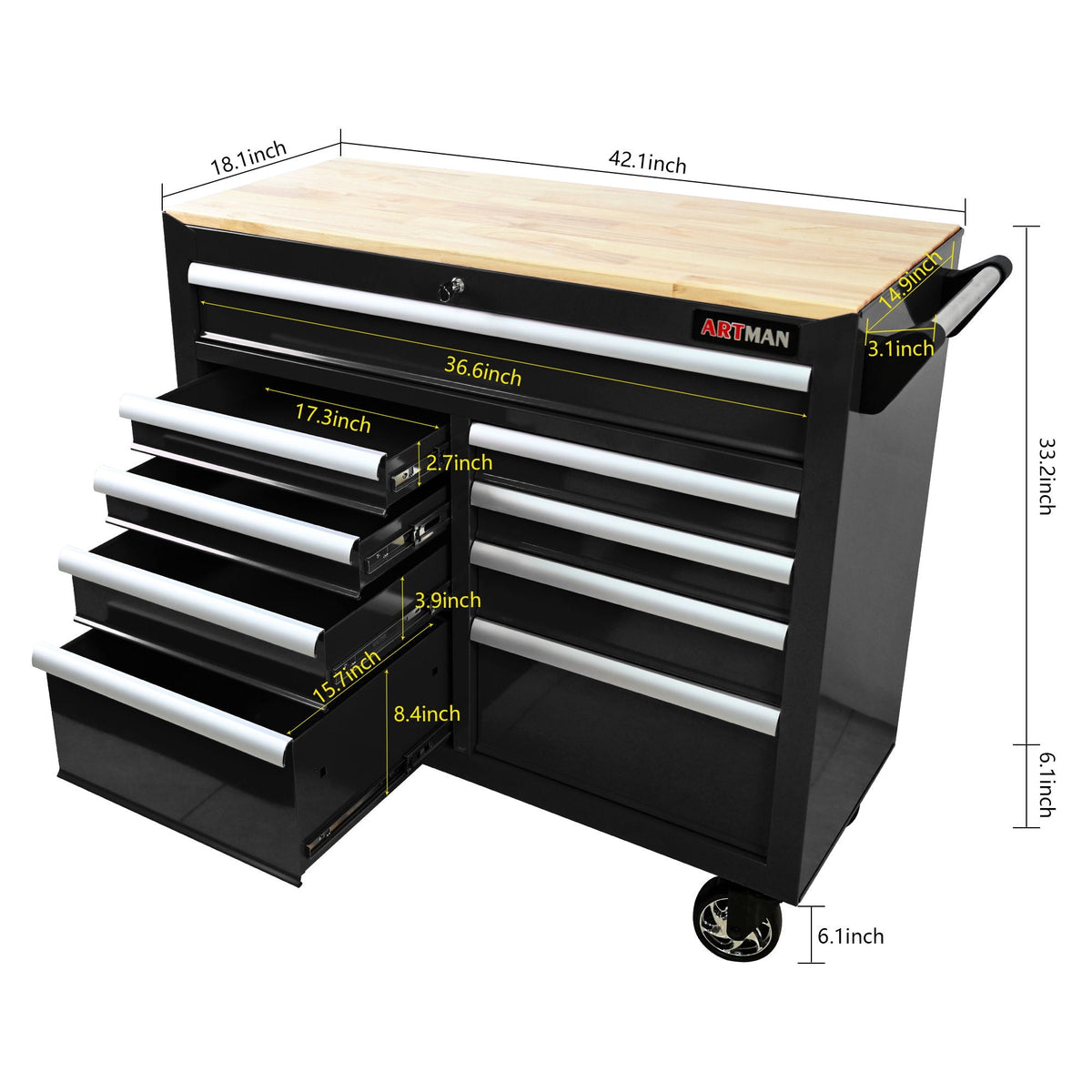 9 Drawer Multifunctional Steel Tool Cart With Wheels And Wooden Top