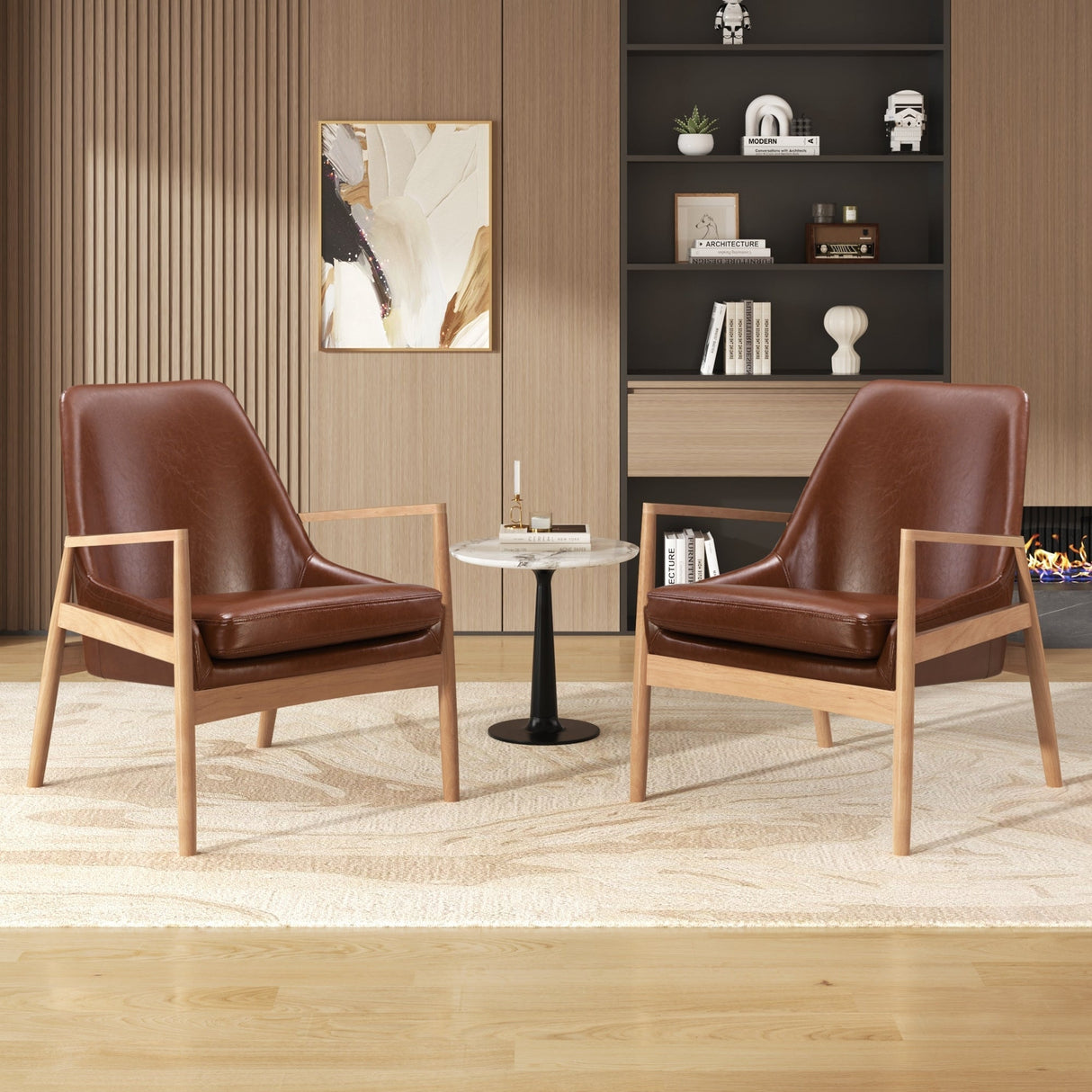 U-Can PU Leather Accent Chair Set of 2 Mid-Century Modern Armchair with Solid Wood Frame
