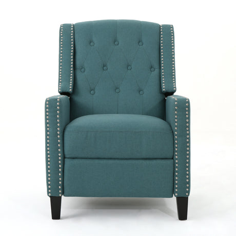 Classic Teal Fabric Push Back Chair with Riveted Armrests
