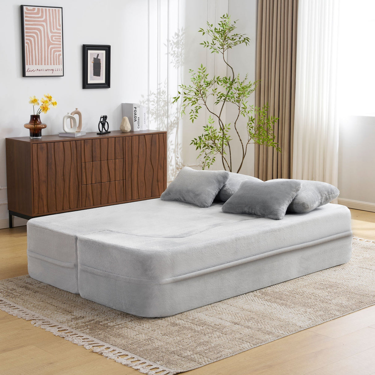 Queen Size Modern Light Grey Floor Sofa with 4 Pillows