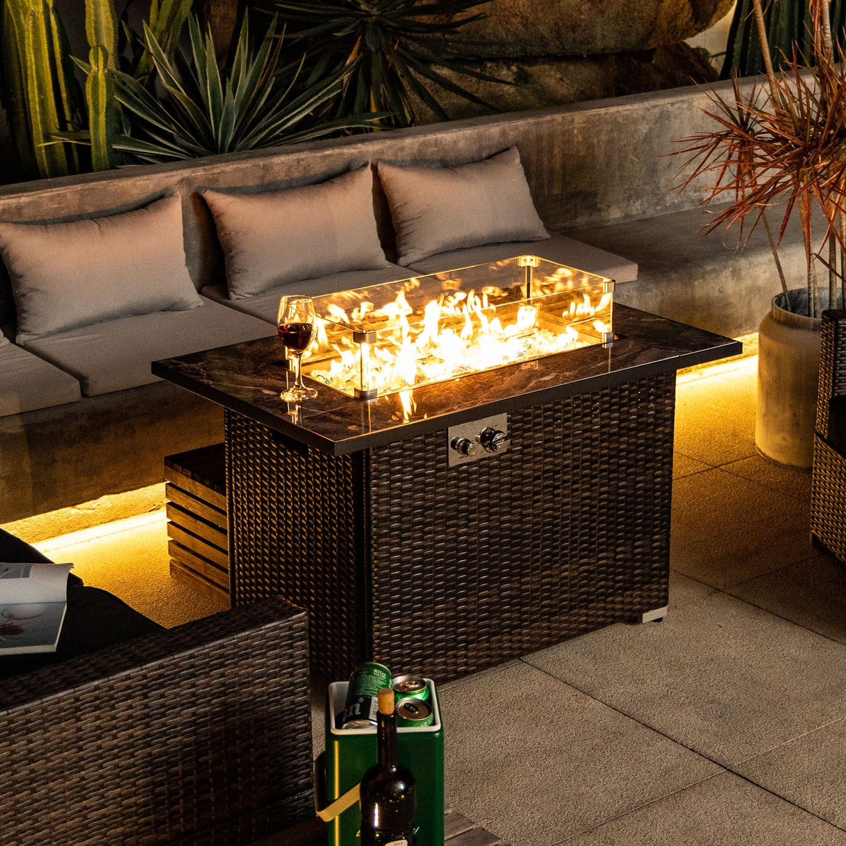 44' Propane Gas Fire Pit Table, 50000 BTU Rectangular Fire Pit, Tile Tabletop with Beautiful Wicker Base for Outside Patio Deck Garden Courtyard-Brown