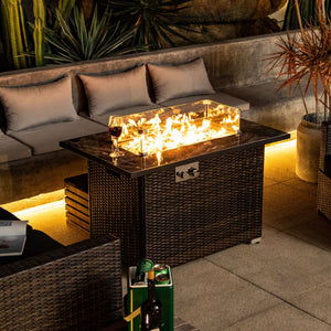 44' Propane Gas Fire Pit Table, 50000 BTU Rectangular Fire Pit, Tile Tabletop with Beautiful Wicker Base for Outside Patio Deck Garden Courtyard-Brown