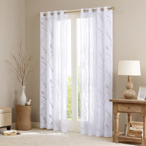 Sheer Bird on Branches Grommet Curtain Panel with Burnout Design - White