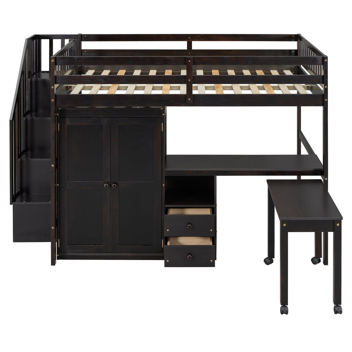 Loft Bed With Stairs, Bookshelf, Drawers, Desk & Wardrobe, Space Saving Multifunctional Furniture