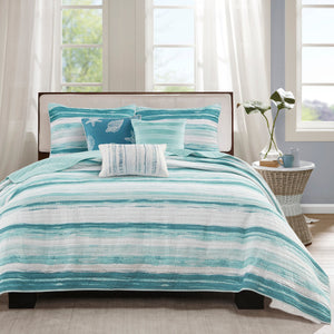 6 Piece Printed Quilt Set with Throw Pillows Aqua Full/Queen