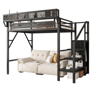 Twin Size Loft Bed with Stairs, Metal Full Loft Bed with Storage Shelves