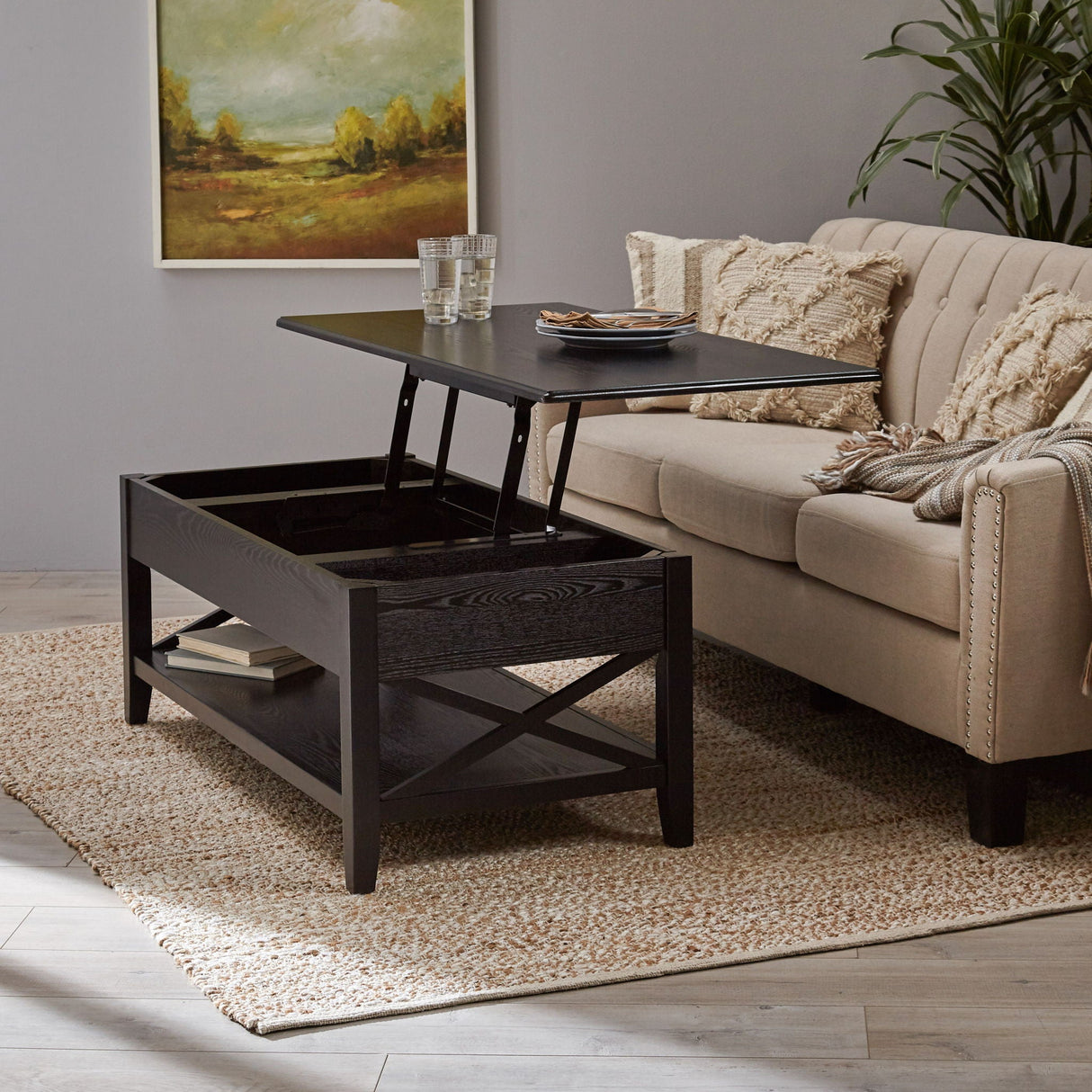 Decatur - Farmhouse Lift Top Coffee Table With Storage - Black / Ash