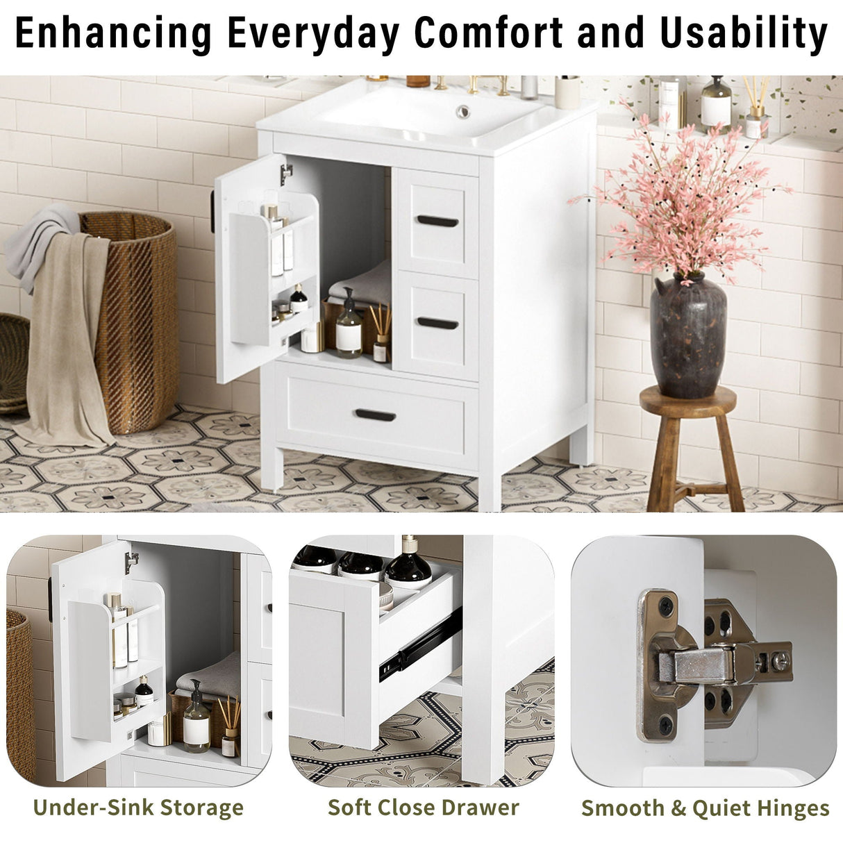 Bathroom Vanity With Sink, Soft-Close Doors, Double-Layer Shelf And 3 Drawers