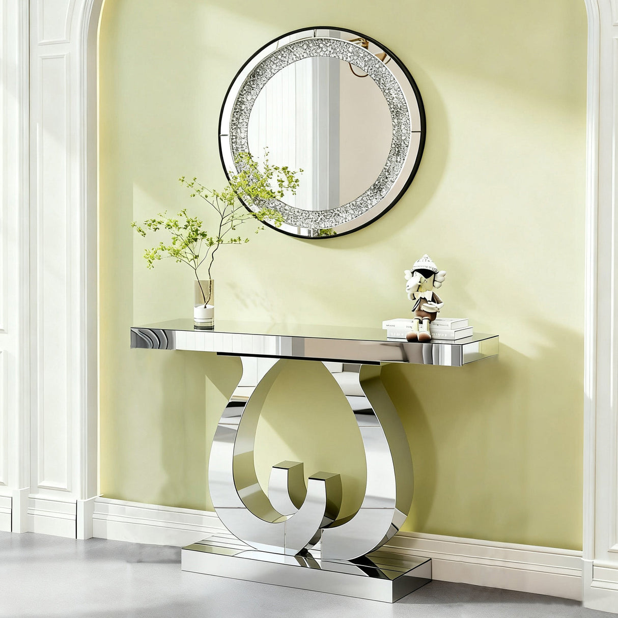 Modern Mirror Side Table with Double C-Shape Base
