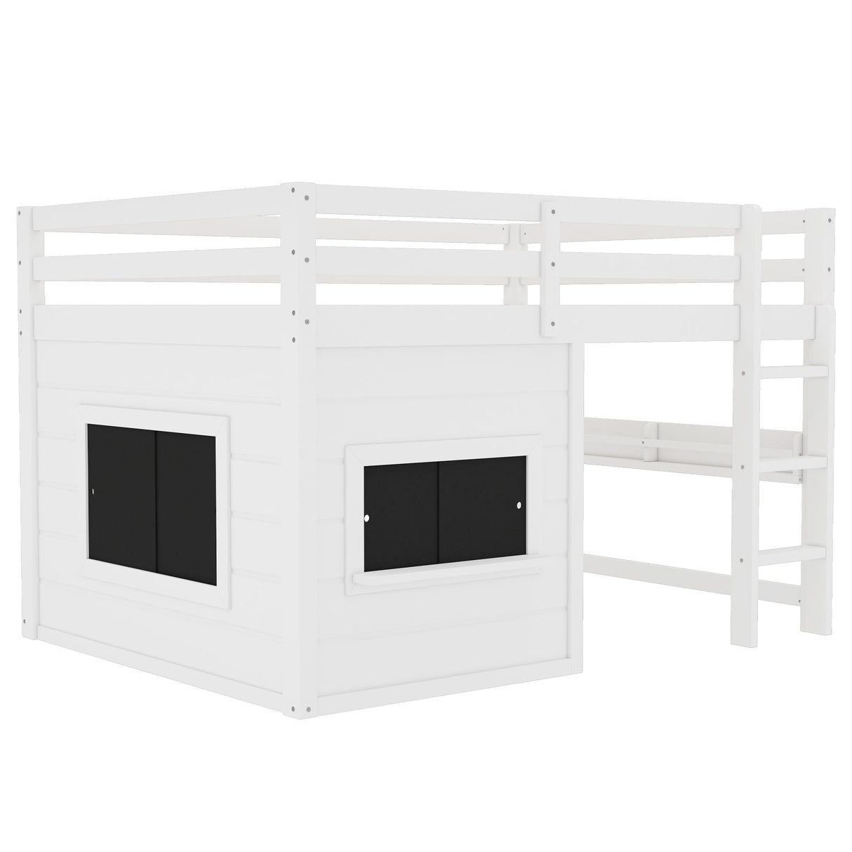 Full Size Loft Bed With Sliding Chalkboard & Bookshelf