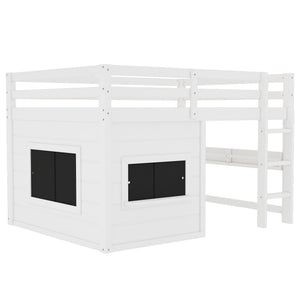 Full Size Loft Bed With Sliding Chalkboard & Bookshelf